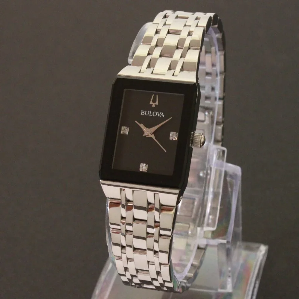 Bulova Ladies Quadra Watch Diamond Indices Black Dial Stainless 20mm